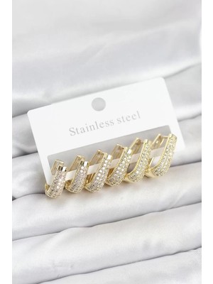 Uravas Store 316L Çelik Gold Renk Zirkon Taşlı Damla Halka Küpe Seti - TJ-BKP11524