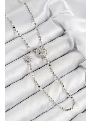 Uravas Store Pirinç Zirkon Taşlı Ezme Zincirli Madalyon Model Gümüş Renk Y Kolye - TJ-BKO10470