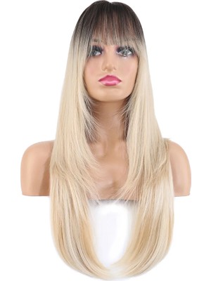 Renas Store Katlı Kesim Perçemli Düz Fiber Sen Uzun Boy Peruk / Kahve / Platin Ombre ve Röfleli