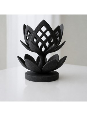 Renas Store 3D Baskı Lotus Çiçeği Mumluk - Dekoratif Tealight Mumluk-Siyah