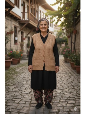 TeknoKapsül Çeyizlik Yelek, Düğmeli Anne Yeleği, Simli Yelek, Hediyelik Yelek, Gelin Simli Cepli Yelek Kapuçino
