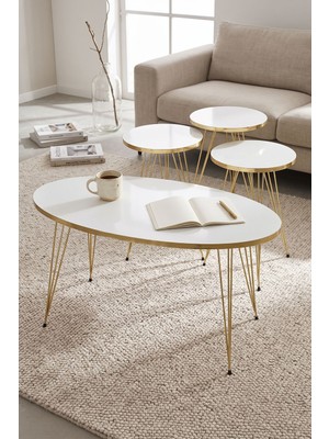 Ozka Concept Zigon Sehpa Orta Sehpa Beyaz Elips Set Tel Ayak Gold