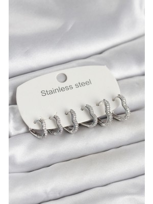 Pileli Store 316L Çelik Gümüş Renk 6'lı Set Kalp Form Kadın Küpe TJ-BKP11738