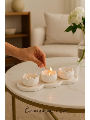 St. Morritz Beyaz 3’lü Lotus Tealight Mumluk Seti – Dekoratif Beton Tasarım - Mumlar Dahil Değildir