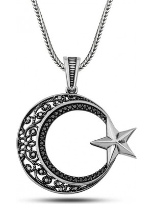 Pileli Store Gümüş Zirkon Taşlı Desenli Ay Yıldız Erkek Kolye