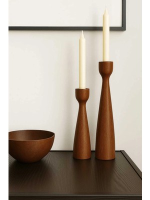 St. Morritz El Yapımı Ceviz Ahşap Şamdan Seti (2'li) – 20 cm & 17.5 cm – Rustik Dekoratif Mumluk