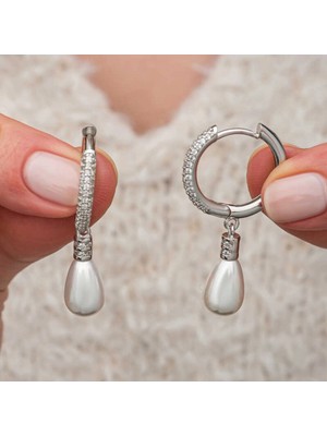 Pileli Store Gümüş Zirkon Taşlı Sallantılı Damla Inci Küpe