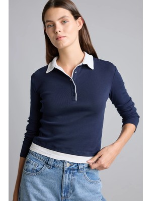 DeFacto Slim Fit Kontrast Polo Yaka Ribana Uzun Kollu Basic Tişört I2637AX26AU
