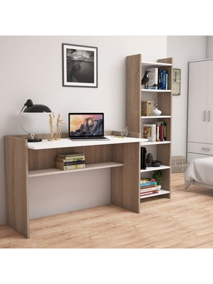 Bimossa T7020 Mahpeyker Modern Çalışma Masası ve Kitaplık Ceviz Beyaz Suntalam Malzeme