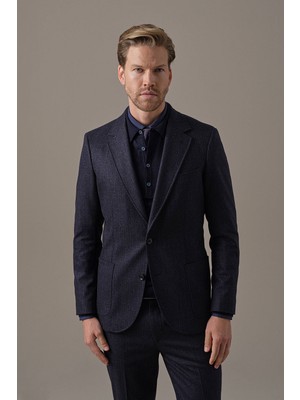 Hemington Kaşmir Yün Kırçıl Desen Koyu Lacivert Blazer Ceket