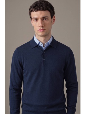 Hemington Extrafine Merino Lacivert 3 Düğme Polo Triko
