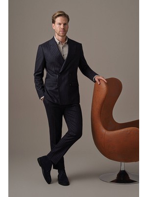 Hemington Lacivert Beyaz Chalkstripe Desen Kruvaze Ceket