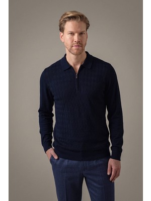 Hemington Extrafine Merino Mini Argyle Desen Lacivert Fermuarlı Polo Triko