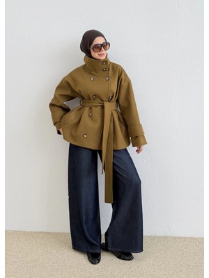 Moda Aksa Dik Yaka Kaşe Kaban Yağ Yeşili