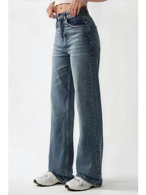 Hiccup Kadınlar Yüksek Bel Straight Jean Orta Mavi Denim