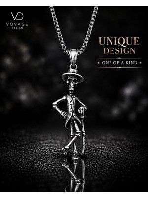 Voyage Accessory Paslanmaz Çelik Gotik Still Şapkalı Iskelet Kolye Bastonlu Kuru Kafa Kolye