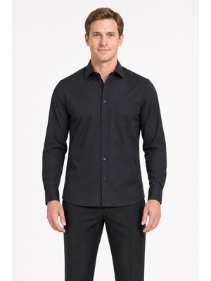 İmza Siyah Sert Yaka Uzun Kol Comfort Fit Pamuklu Gömlek 1004255051
