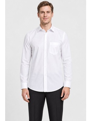 İmza Beyaz Sert Yaka Uzun Kol Comfort Fit Pamuklu Gömlek 1004255051