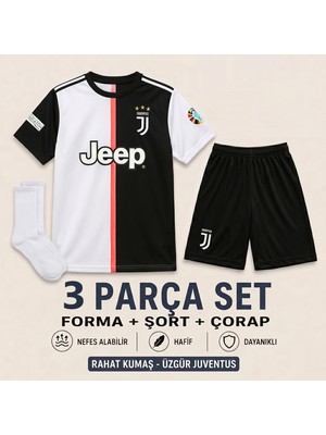 Sonvadi Juventus Ronaldo Beyaz Siyah Çocuk Futbol Forması 3'lü Set Forma - Şort - Çorap