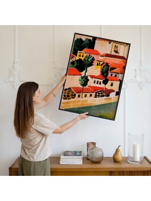 Pegziz Kırmızı Çatılı Evler Suluboya Peyzaj Çerçeveli Sanat Poster Duvar Dekoru