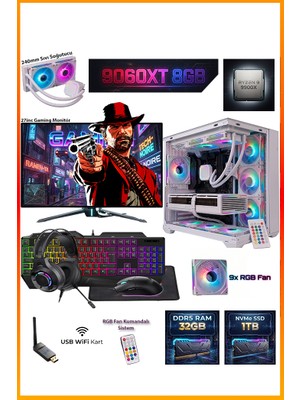 Comloji Ga-Deluxe White Rx 9060 Xt 8gb Ryzen 9 9900X 32GB Ddr5 1tb M.2 Sıvı Soğutmalı 27" Monitörlü Beyaz Masaüstü Oyuncu Bilgisayarı Seti