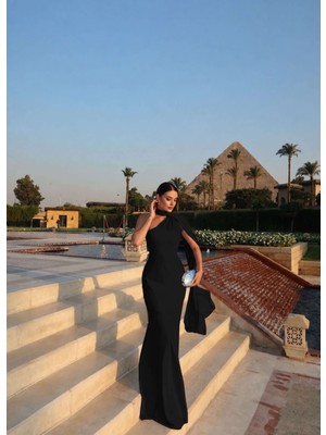 Esra Helvacı Tek Omuz Şal Detaylı Saten Elbise E.h Collection
