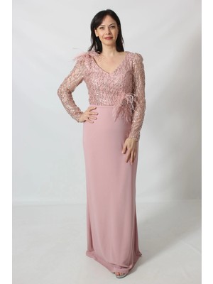 Moda Berray 2415 Otriş Broşlu Gliter Krep Kombin Abiye Pudra
