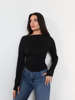 Esra Helvacı Kayık Yaka Bel Büzgülü Bluz