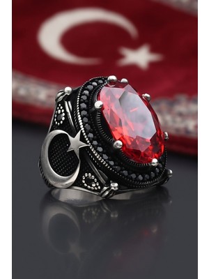Prestige Gümüş Ay Yıldız Figürlü Ay Yıldızlı (Ay Yıldız) 925 Ayar Gümüş Erkek Yüzüğü Kırmızı Zirkon Taşlı 901553