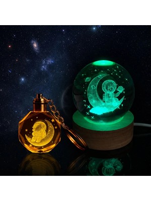 Pileli Store Ay Üzerinde Oturan Astronot Tasarımlı Renk Değiştiren Cam Küre ve Anahtarlık Set