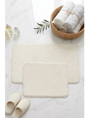 Dekomod 2'li Peluş Banyo Paspası Halı Klozet Takımı Krem Kaymaz Taban (60X50-60X90)