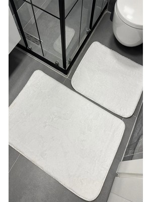 Dekomod 2'li Peluş Banyo Paspası Halı Klozet Takımı Beyaz Kaymaz Taban (60X50-60X90)