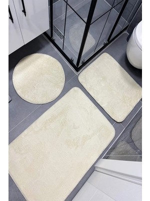 Dekomod 3'lü Peluş Banyo Paspası Halı Klozet Takımı Krem Kaymaz Taban 50X90-50X60-50X50