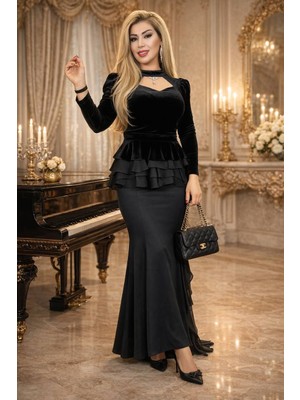 Yeşil Moda Yeşilmoda Kadın Siyah Kadife Şifon Detaylı 3’lü Etekli Abiye Takım