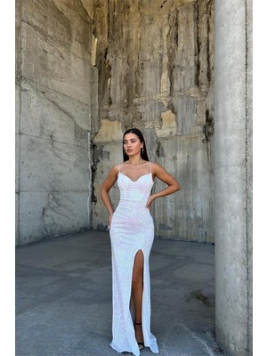 Lior Design Kadın Trend Model Kadife Kumaş V Yaka Payetli Askılı Abiye Elbise