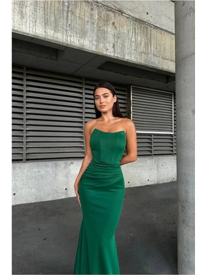 Lior Design Kadın El Emeği Esnek Likralı Kumaş Straplez Maxi Abiye Elbise