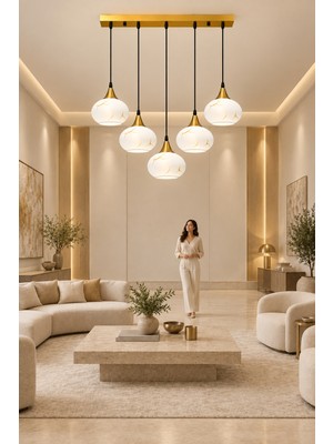 Esslight Ağva 5’li Eskitme Sarkıt Mermer Desen Camlı Avize Salon Mutfak Yatak Odası
