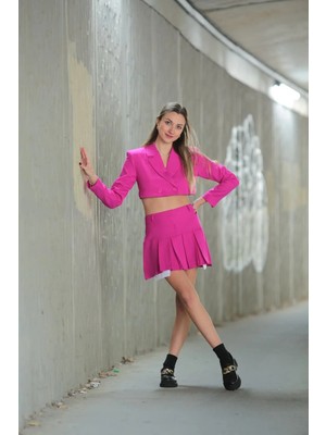 Butik Pileli Etek Crop Ceket Takım Kadın