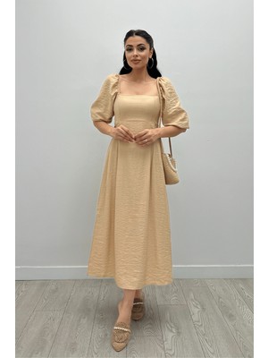 Giyimmasalı Viskon Kumaş Midi Elbise - KREM-GYM-0114