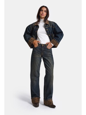 It's Basic Kadın Kot Rengi 2W6-8 Straight Turn Up Paça Leopar Detaylı Tasarım Denim Jean