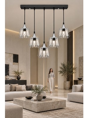 Esslight Violet 5’li Siyah Sarkıt Kristal Taşlı Avize Salon Mutfak Yatak Odası