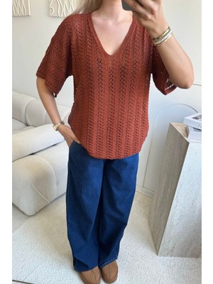 Tarçın Merserize Triko V Yaka Oversize Standart Beden 38/44 Beden Uyumlu Bluz