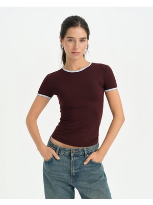 Ayma Active Kestane Kadın EcoVero™ Viskoz Bisiklet Yakalı Kısa Kollu Kontrast Biyeli T-Shirt