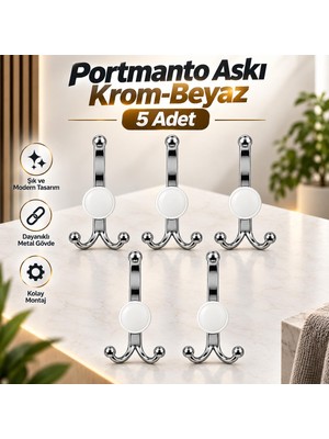 Nzb (5 Adet) Portmanto Beyaz Plastik Kapaklı Ikili Metal Portmanto Dolap Askılık Askı