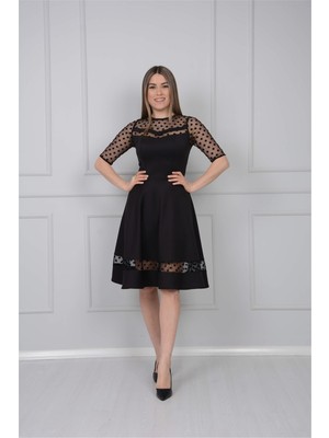 Giyimmasalı Scuba Kumaş Puantiye Detaylı Elbise - SIYAH-GYM-0867