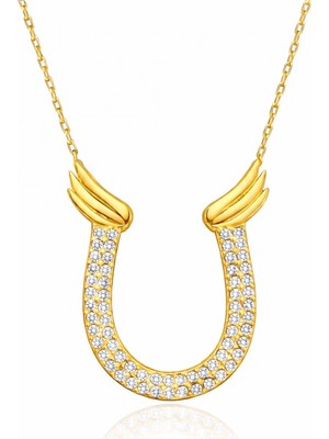 Pileli Store Gümüş Gold Zirkon Taşlı Nal Kadın Kolye