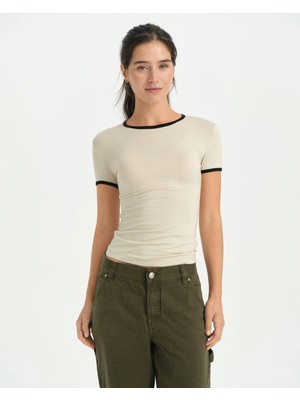 Ayma Active Krema Kadın EcoVero™ Viskoz Bisiklet Yakalı Kısa Kollu Kontrast Biyeli T-Shirt