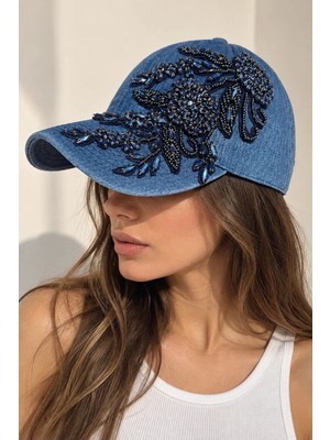 Kadın Mavi Denim Taşlı Boncuk Işlemeli Şapka