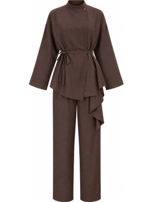 Laluvia Kahverengi Volanlı Ince Kemerli Kimono Takım - 8739