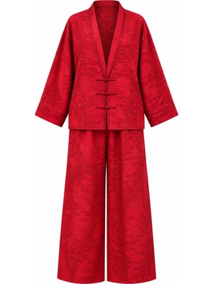Laluvia Kırmızı Jakarlı Kimono Takım - 51479